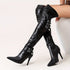 Schwarze Damen Überknee-Stiefel mit Schnallenriemen und Reißverschluss - Elegante Stilettoabsätze, Ultra-Hohe Winterstiefel | Synthetisches Material